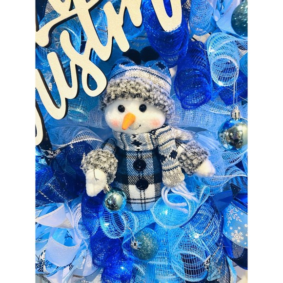 Blue Snowman Merry Christmas Ribbon Door Wreath Handmade 22 ins LED W23 - Picture 5 of 10